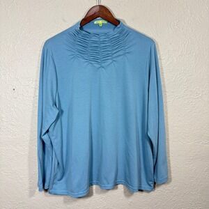 Trisha Tyler Top 2X Shirred Mock Neck Pullover Turquoise Jersey Stretch Travel